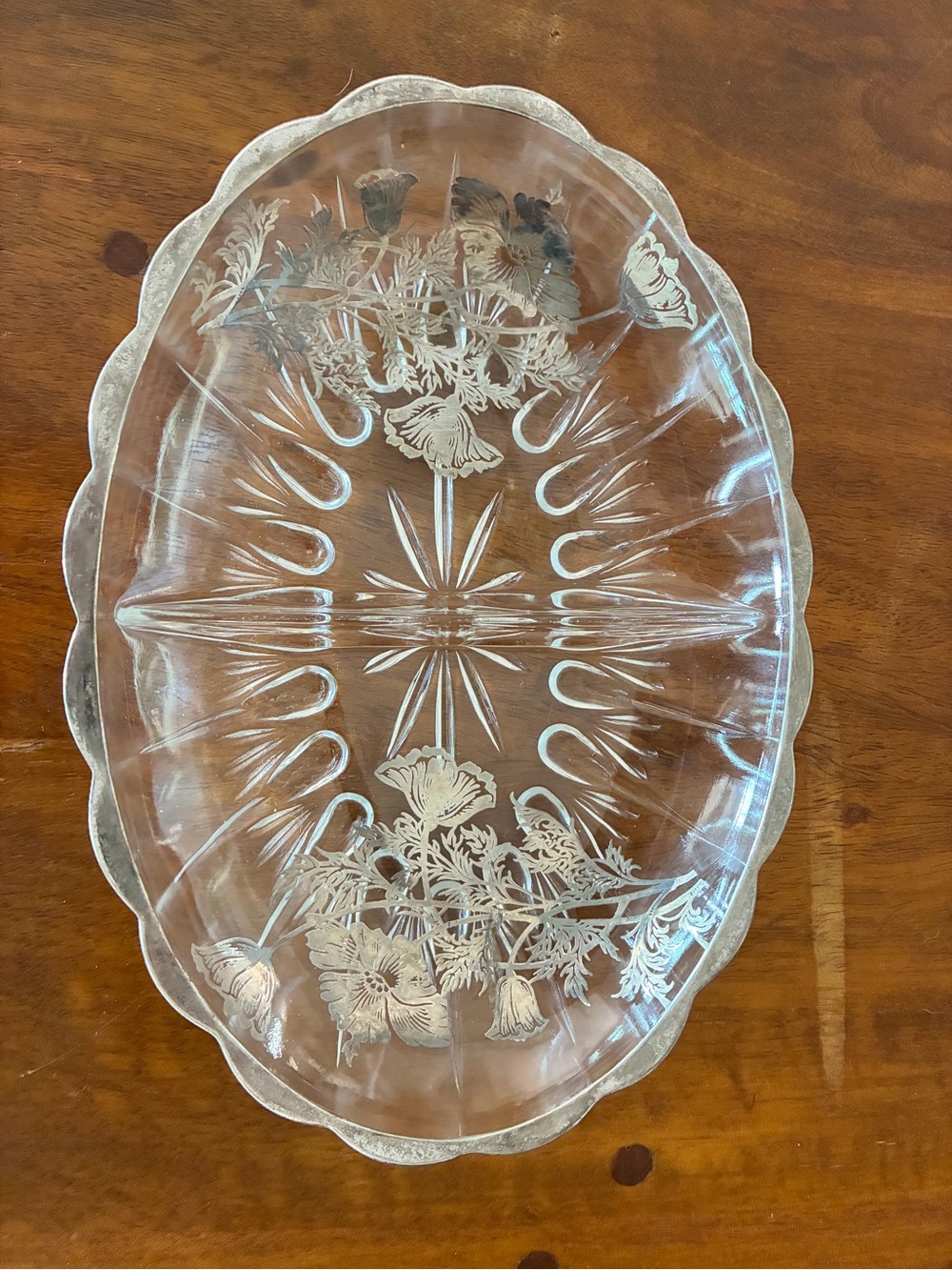 Silver City Glass Sterling Overlay Divided Oval Relish Dish Flanders Poppy